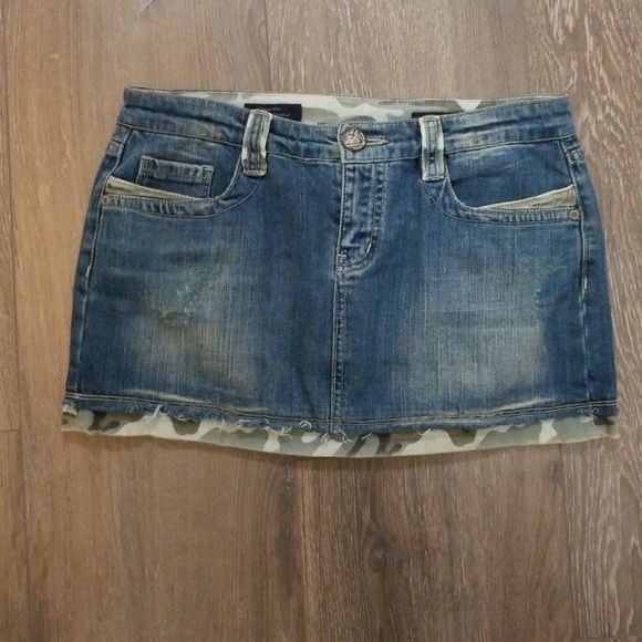 Dresses & Skirts - Denim mini skirt with camo trim size L